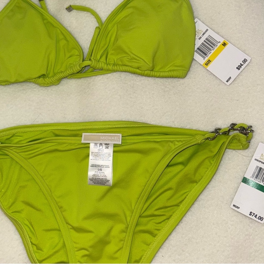 NWT Michael Kors neon Limeade Triangle chains String Bikini Top M Bottom L - Picture 15 of 15